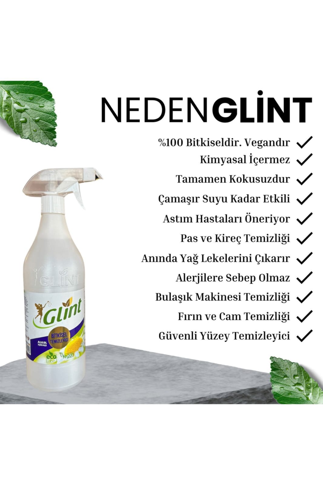 Glint Green Industry 1 Litre %100 Bitkisel Banyo Tuvalet Temizleyici Kireç Çözücü Şömine Temizleyici Sprey