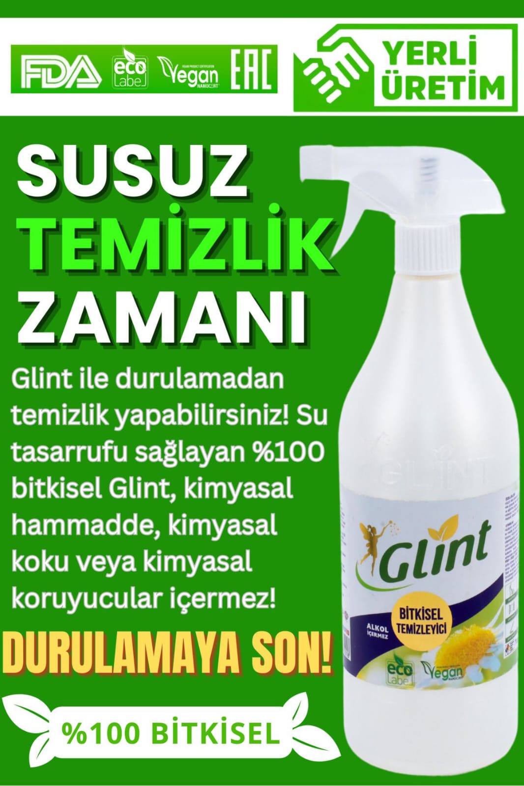 Glint Green Industry 1 Litre %100 Bitkisel Banyo Tuvalet Temizleyici Kireç Çözücü Şömine Temizleyici Sprey